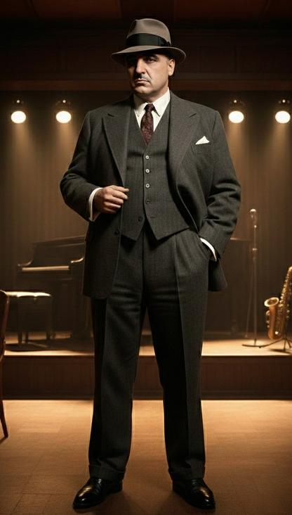 Al Capone Men’s Charcoal Gray Stripe 3-Piece Gangster Style Suit – 1920s Jazz Club Inspired Formal Suit Outfit - Image 9