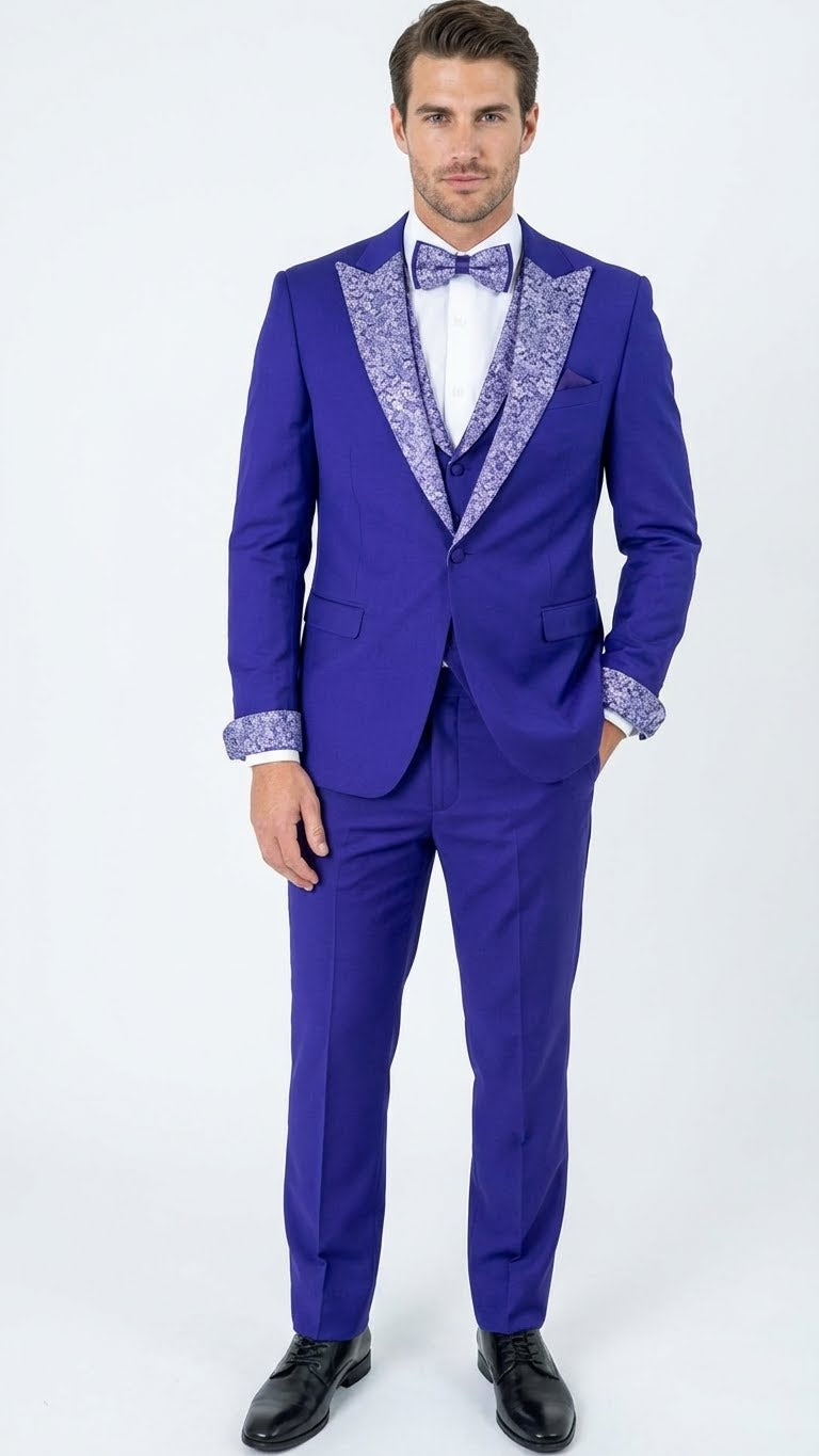 Men’s Purple and white sivler lapel Embellished Tuxedo Suit – Formal W ...
