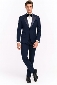 Men’s Navy Blue  Tuxedo with Satin Peak Lapel With Matching Color Lapel Sateen – Formal 2 Piece Suit