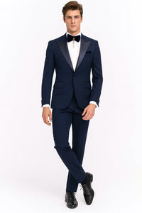 Men’s Navy Blue  Tuxedo with Satin Peak Lapel With Matching Color Lapel Sateen – Formal 2 Piece Suit