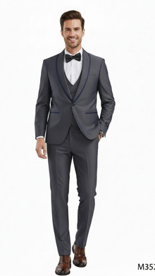 Men’s Charcoal Gray with blue Trim Slim Fit 3-Piece Suit – Modern Wedding and Business Formal Tuxedo Set