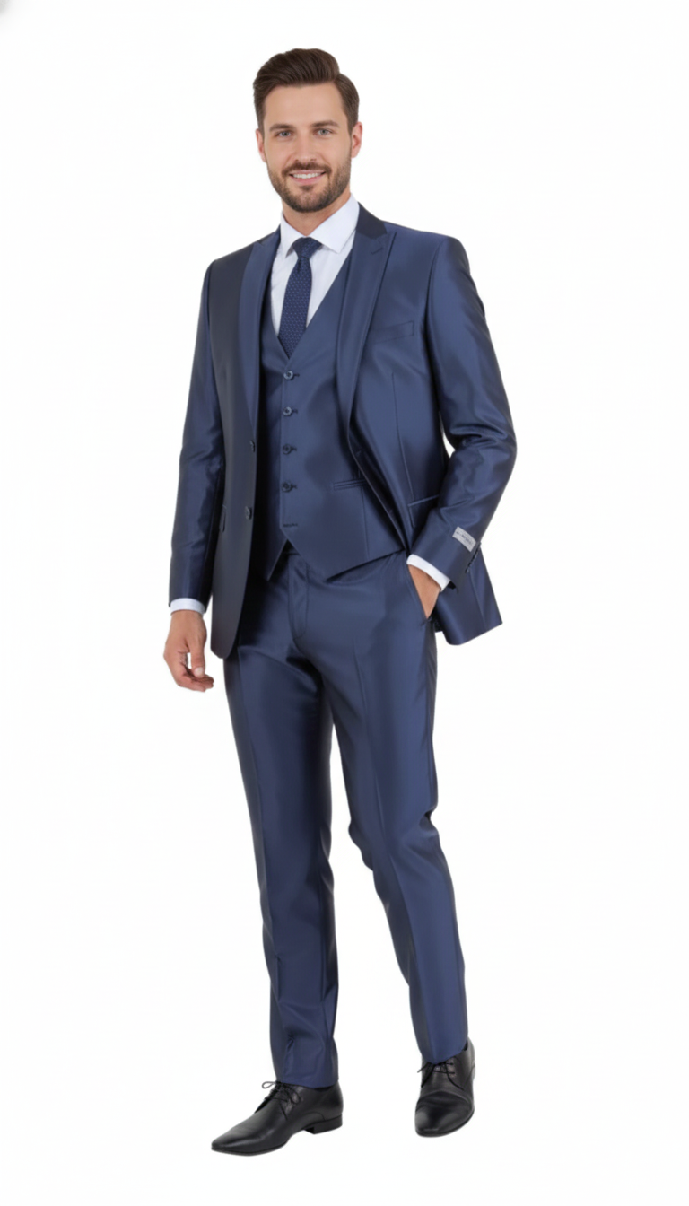Men’s Navy Blue Shiny Finish 3-Piece Suit Set – Premium Tailored Fit Formal Wedding and Party Sateen Slim Fitted Suit