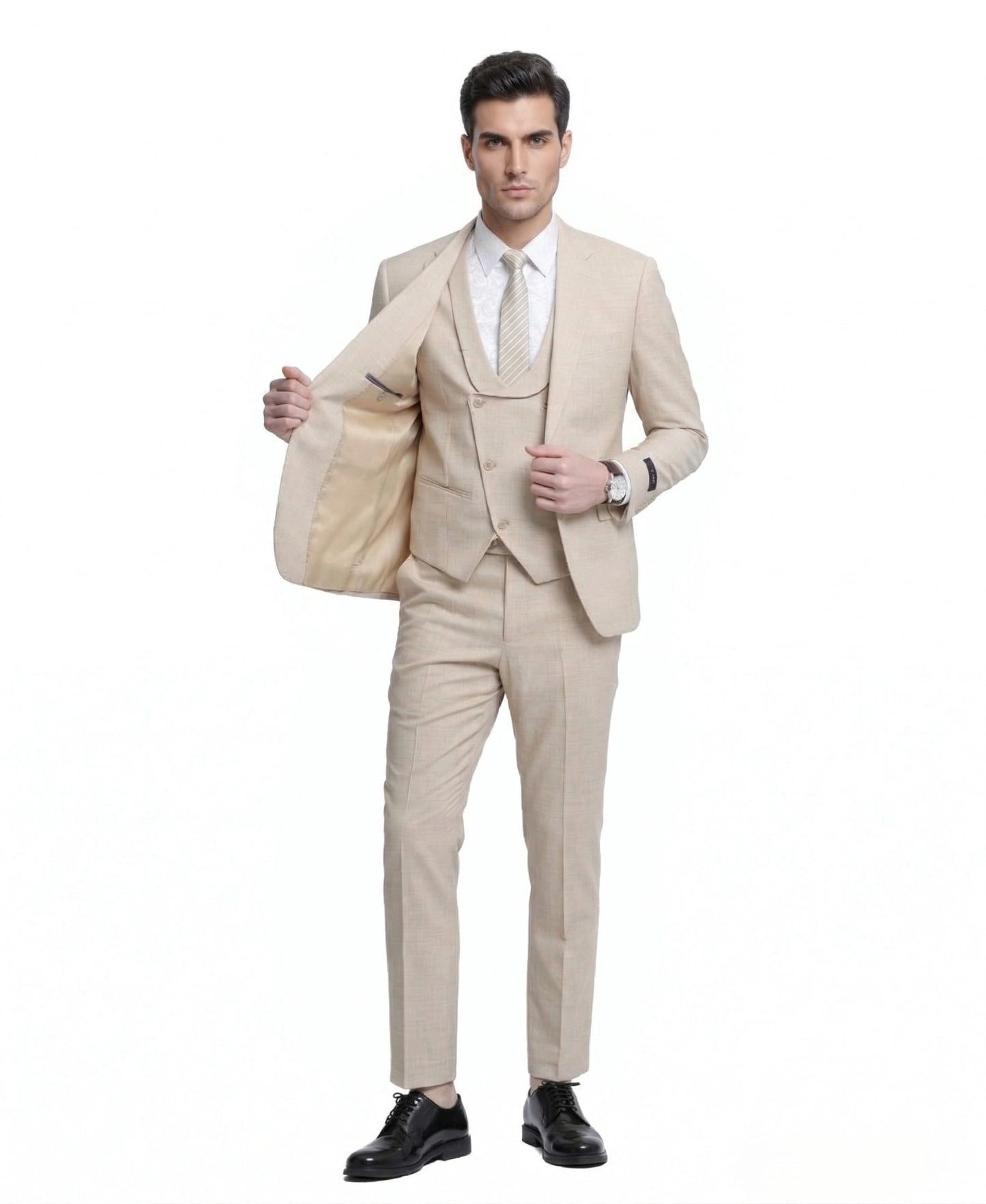 Mens Sand Beige 3 Piece Suit – Double breasted Vest Formal Suit Set  and Dress Pants in Champaign Natural Summer Color Modern Fit