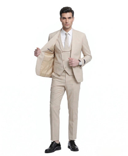 Mens Sand Beige 3 Piece Suit – Double breasted Vest Formal Suit Set  and Dress Pants in Champaign Natural Summer Color Modern Fit