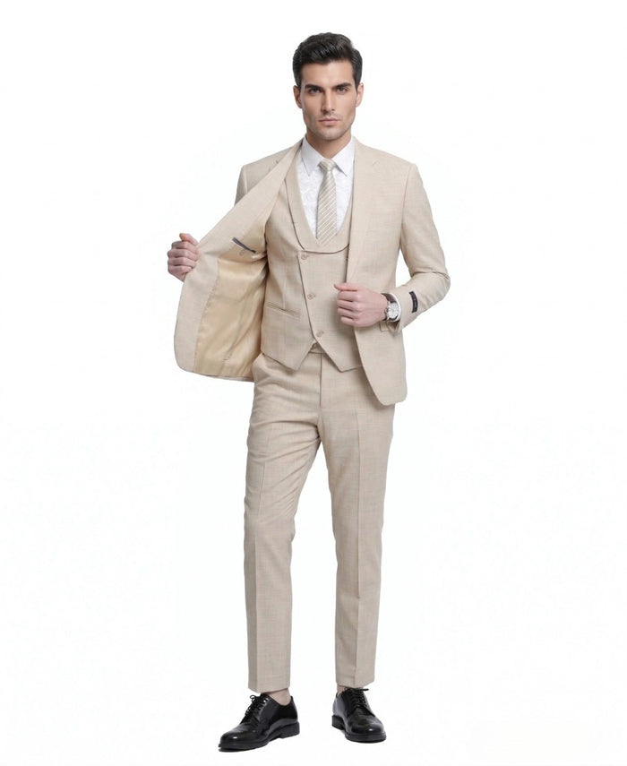 Mens Sand Beige 3 Piece Suit – Double breasted Vest Formal Suit Set  and Dress Pants in Champaign Natural Summer Color Modern Fit