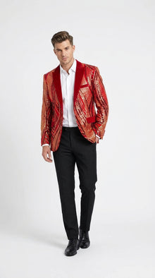 Men’s Red and Gold Sequin Christmas Holiday Blazer – Luxury Party Jacket for New Year, Wedding and Festive Events