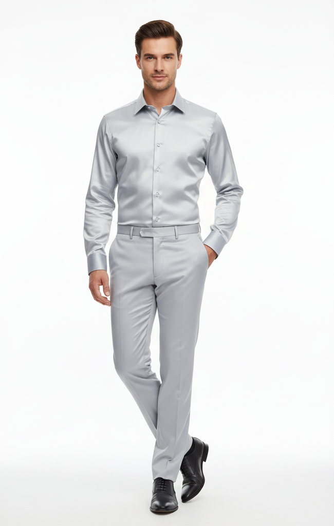 Men’s Silver Satin Dress Shirt  – Luxury Slim Fit Outfit for Parties, Weddings, and Formal Events