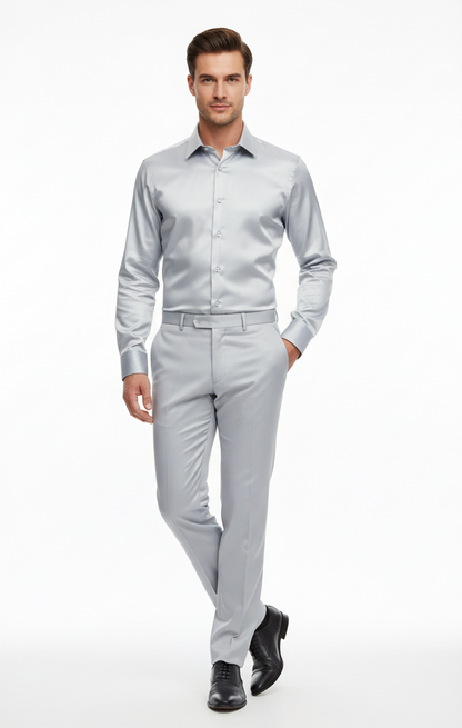 Men’s Silver Satin Dress Shirt  – Luxury Slim Fit Outfit for Parties, Weddings, and Formal Events