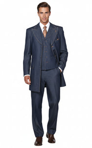 Men’s Cotton Denim Three-Piece Suit – Modern Blazer Denim Suit with Vest and Trousers Pleated Pants Classic Fit