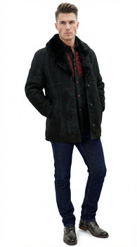 Men’s Black Sheepskin Leather Jacket Cowboy – Warm Faux Fur Collar Coat, Winter Long Jacket, Casual Western Style Outerwear