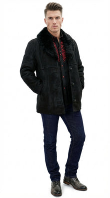 Men’s Black Sheepskin Leather Jacket Cowboy – Warm Faux Fur Collar Coat, Winter Long Jacket, Casual Western Style Outerwear