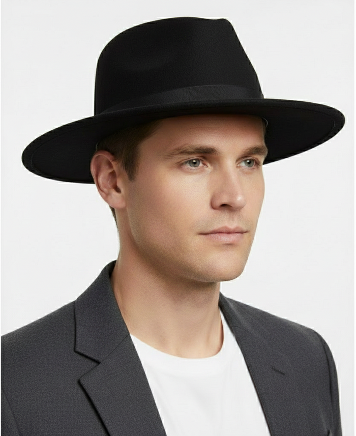 black dress hat men Men’s Wide Brim Fedora – Classic Wool Felt Hat with Matching Black Band Black~ / S Wool felt fedora
