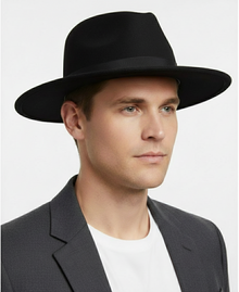 Men’s Black Wide Brim Fedora Hat – Classic Wool Felt Dress Hat with Matching Black Band