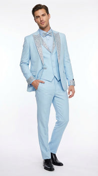 Men’s Light Blue Suit with Silver Glitter Lapel – Light Blue Formal Tuxedo Suit for Prom, Wedding and Special Occasion Wear in Sky Baby Blue