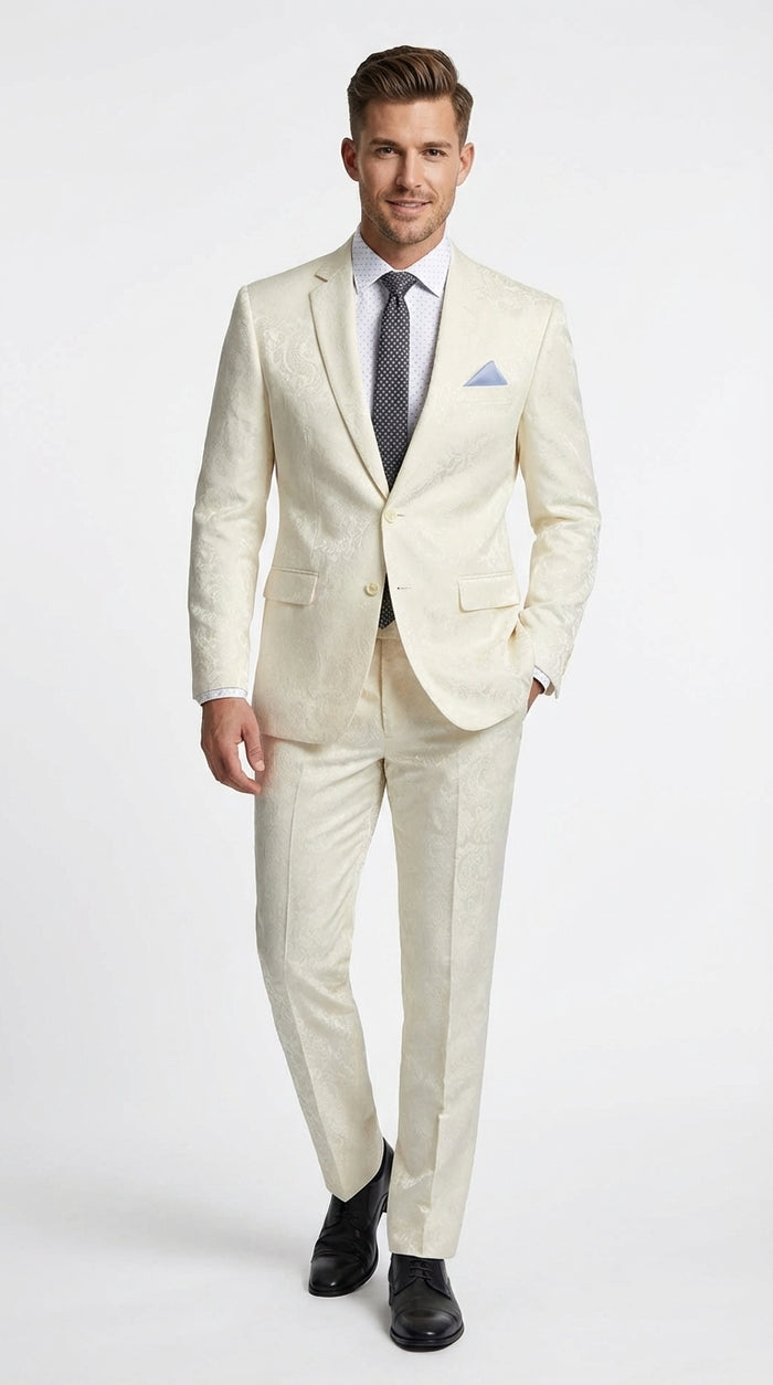 Men’s Ivory Paisley Shiny Suit – Flroal Formal Wedding and Prom Suit for Party, in Cream Off White Modern Fit