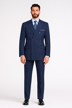Men Blue Pinstripe Double-Breasted Suit – 6-Button Classic Vintage Gangster Style in Indigo Cobalt Blue  Pinstripe Color