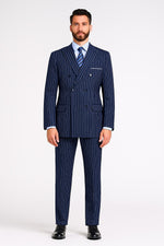 Mens Royal Blue Pinstripe Double-Breasted Suit – 6-Button Classic Vintage Gangster Style in Indigo Cobalt Blue  Pinstripe Color