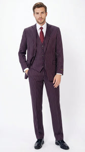 Men’s Plum Eggplant Pinstripe 3 Piece Suit – Burgundy Purple Formal Suit  Gangster 1920s Mafia Pimp Suit