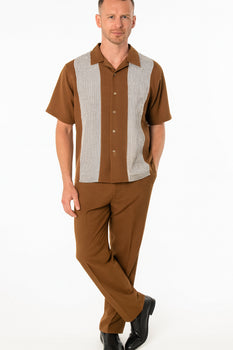 Men’s Cognac Tan Two-Piece Outfit – Short Sleeve Button-Up Shirt and Pants Set
