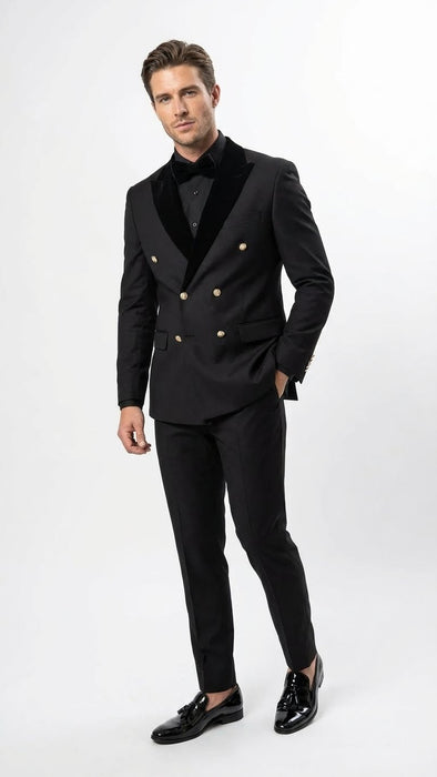Men’s Black Double Breasted Tuxedo Suit – Luxury Formal Dinner Jacket Gold Buttons Velvet Lapel