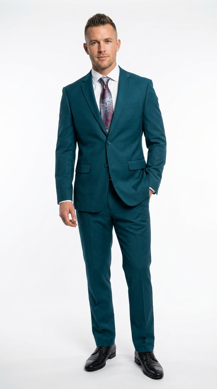 Discounted Sale Clearance Men's Two Buttons Dark Teal 2-piece suit Flat Front Pants