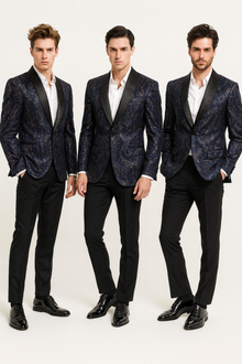 Men’s Navy Blue Sequin Tuxedo Jacket with Black Satin Shawl Lapel – Luxury Prom and Wedding Blazer