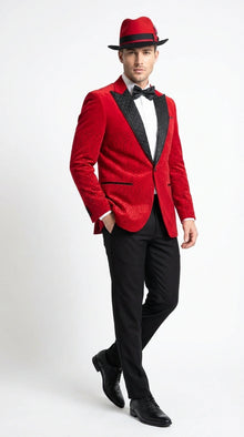 Men’s Red Velvet Fabric Rhinestone  Blazer with Matching Red and Black Hat – Christmas New Year Holiday Party Jacket Set