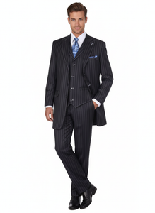 Men’s Three Button Suits -  Navy Blue Pinstripe Three-Piece Suit – Classic Business and Formal Wear with Tailored Fit