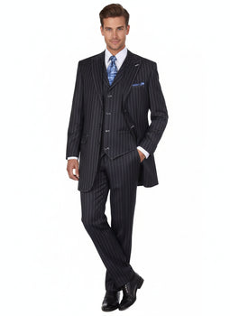 Men’s Three Button Suits -  Navy Blue Pinstripe Three-Piece Suit – Classic Business and Formal Wear with Tailored Fit