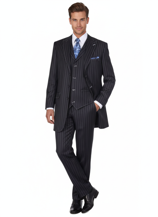 Men’s Three Button Suits -  Navy Blue Pinstripe Three-Piece Suit – Classic Business and Formal Wear with Tailored Fit