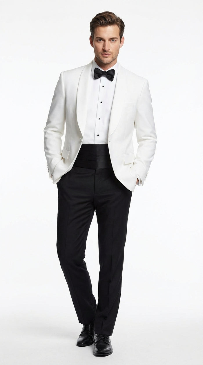 Men's White Dinner Jacket Tuxedo Blazer with Black Satin Shawl Lapel  With Black Tuxedo Pants