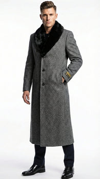 Men's Grey Herringbone Tweed Long Overcoat with Black Faux Fur Collar, Classic Winter Topcoat