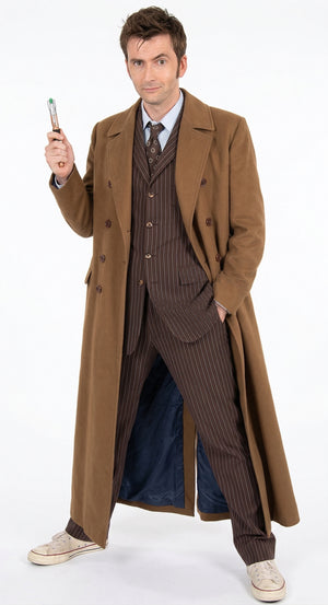 Men’s Brown Cotton Trench Coat Doctor Who 10th Doctor Inspired Long Coat – Classic Gabardina Style Overcoat, Vintage Winter Costume Jacket