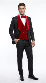 Men’s Black Paisley Tuxedo with Red Velvet Shawl Lapel – 3 Piece Wedding Prom Suit With Matching Bowtie