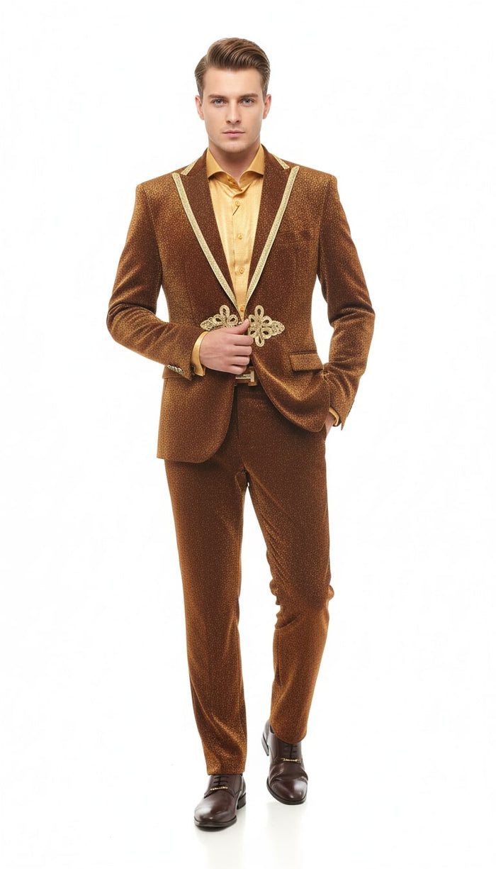 Mens Bronze Shiny Velvet Suit – Designer Party and Wedding Wear Blazer and Pant Set Brown and Gold Tuxedo - Image 3