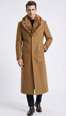 Men's Camel Brown Long Overcoat with Faux Fur Collar, Classic Winter Topcoat for Formal and Business Wear