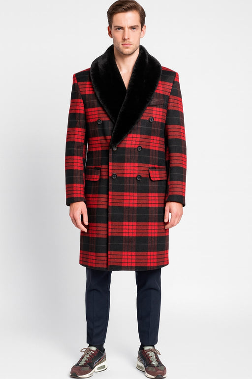Mens Red and Black Plaid Wool Overcoat with Black Faux Fur Shawl Collar – Double-Breasted Winter Coat - Tartan Designs