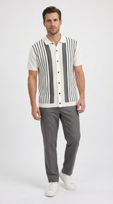Mens White and Charcoal Gray Stripe Walking Suit Plus Matching Pants – Short Sleeve Button Shirt and Pants Casual Summer Outfit for Travel, Vacation and Everyday Wear