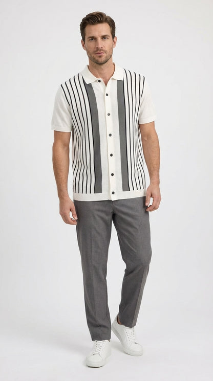 Mens White and Charcoal Gray Stripe Walking Suit Plus Matching Pants – Short Sleeve Button Shirt and Pants Casual Summer Outfit for Travel, Vacation and Everyday Wear