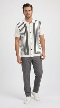 Mens White and Charcoal Gray Stripe Walking Suit Plus Matching Pants – Short Sleeve Button Shirt and Pants Casual Summer Outfit for Travel, Vacation and Everyday Wear
