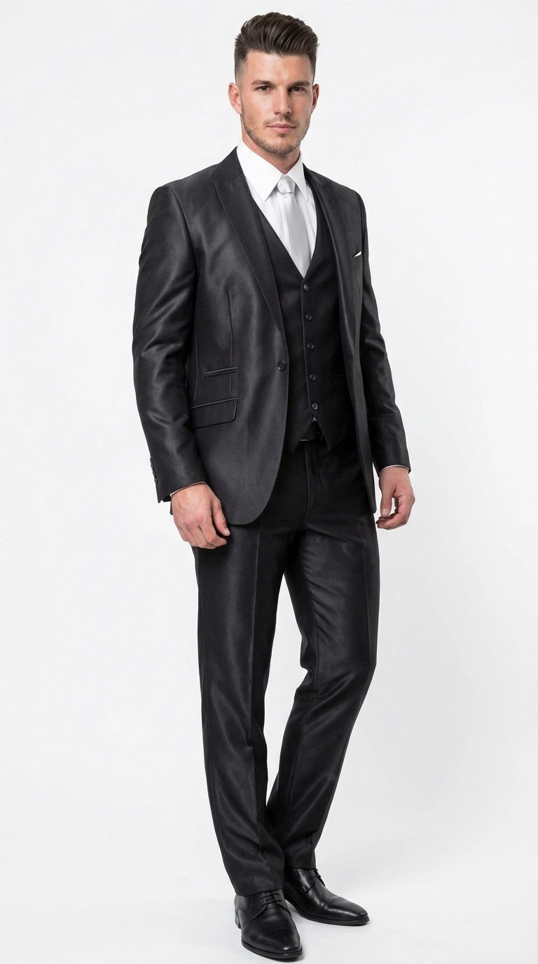 Men’s Black Three Piece Suit –3PC Formal Suit with Vest for Wedding, Prom and Business Events Sharkskin Shiny Fabric  Modern Fit