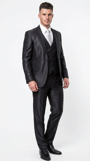 Men’s Black Three Piece Suit – Modern Fit 3PC Formal Suit with Vest for Wedding, Prom and Business Events Sharkskin Shiny Fabric