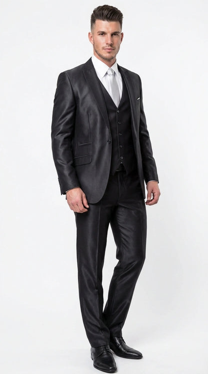 Men’s Black Three Piece Suit –3PC Formal Suit with Vest for Wedding, Prom and Business Events Sharkskin Shiny Fabric  Modern Fit