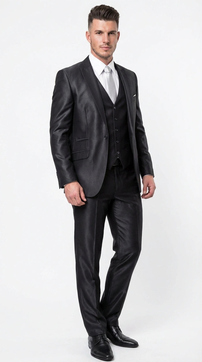 Men’s Black Three Piece Suit –3PC Formal Suit with Vest for Wedding, Prom and Business Events Sharkskin Shiny Fabric  Modern Fit
