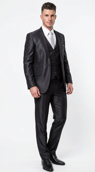 Men’s Black Three Piece Suit – Modern Fit 3PC Formal Suit with Vest for Wedding, Prom and Business Events Sharkskin Shiny Fabric