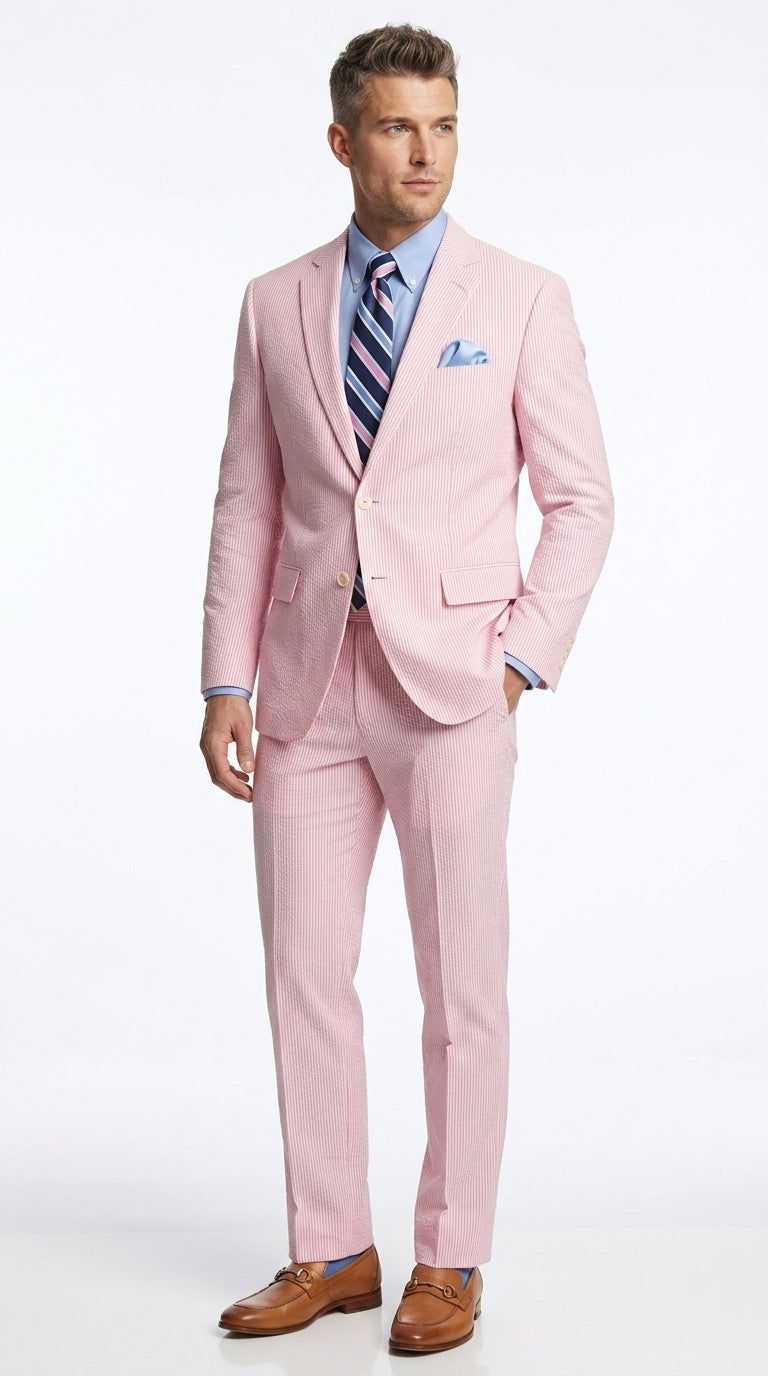 Men’s Pink Seersucker 2 Piece Suit, Lightweight Summer Dress Suit for Weddings, Prom, Parties, and Special Occasions Modern Fit