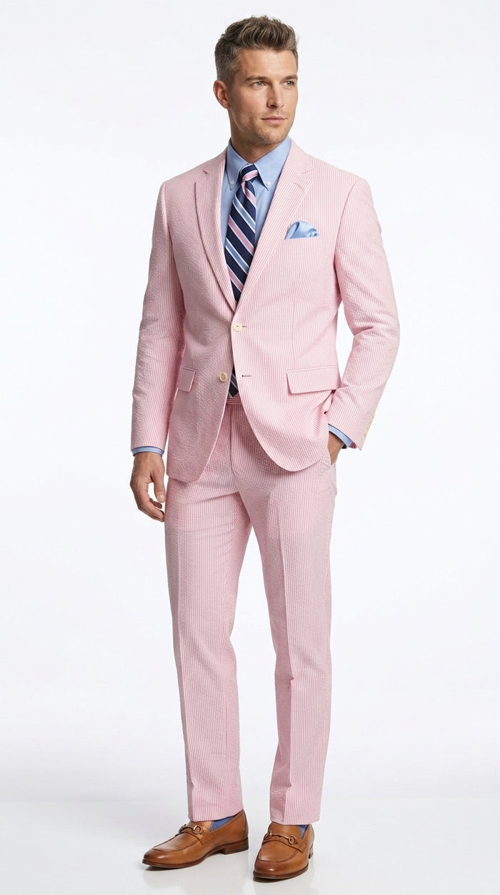 Men’s Pink Seersucker 2 Piece Suit, Lightweight Summer Dress Suit for Weddings, Prom, Parties, and Special Occasions Modern Fit