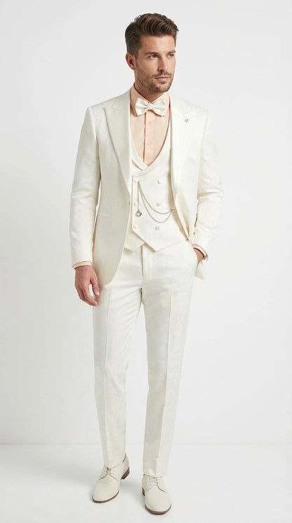 Vinci Men’s Ivory Three Piece Suit – Ivory 3PC Formal Wedding Suit for Groom, Prom and Black Tie Events  Modern Fit