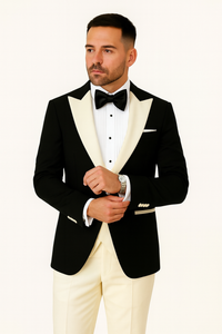 Mens Black and Ivory Tuxedo with Wide Shawl Lapel – 3 Piece Black and off White Lapel ! Vested Suit