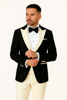 Mens Black and Ivory Tuxedo with Wide Shawl Lapel – 3 Piece Black and off White Lapel ! Vested Suit - Image 7